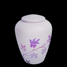 Exkluzív matt fehér üvegopál urna lila almaág mintával